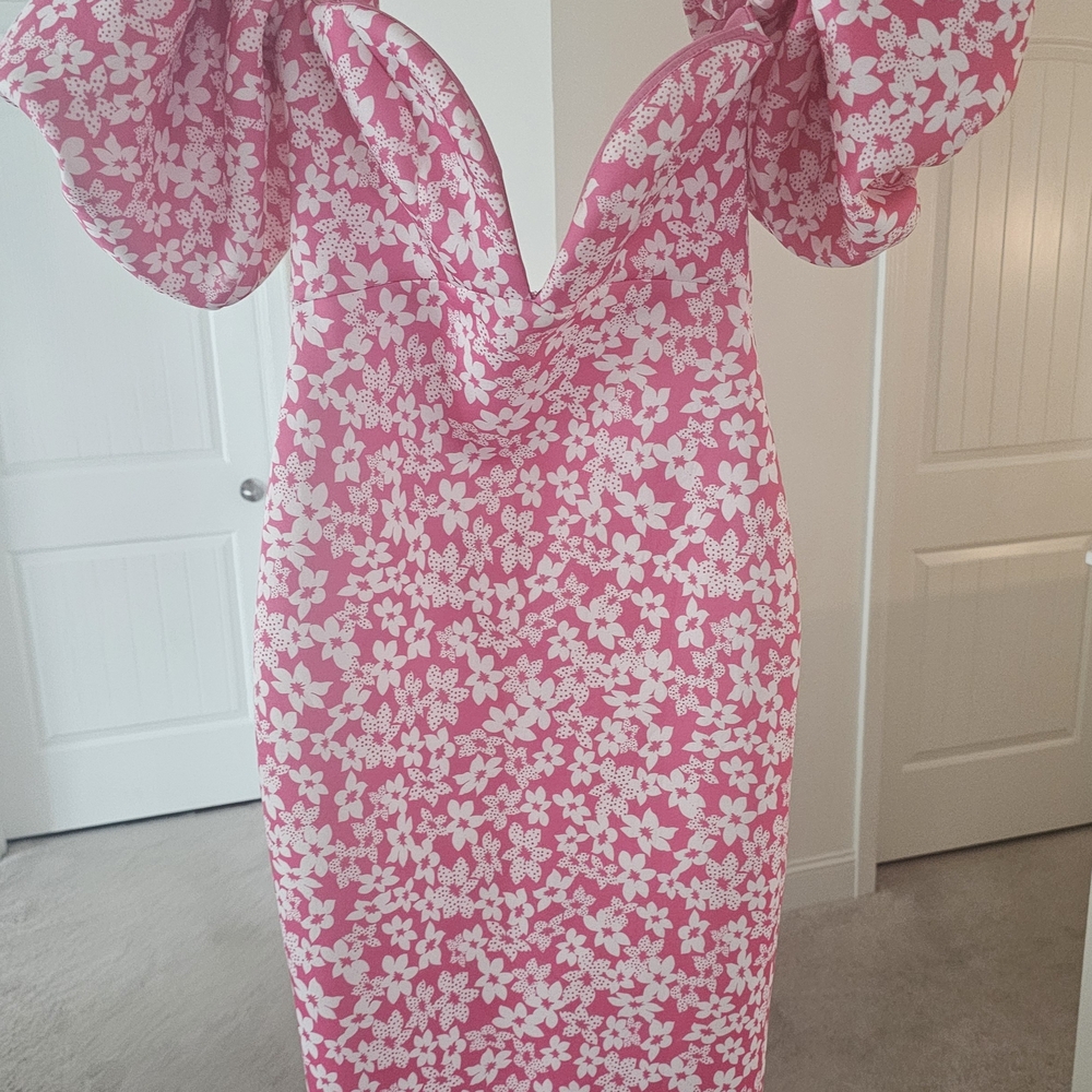 ASOS Pink and White Plunge Puff Sleeve Dress